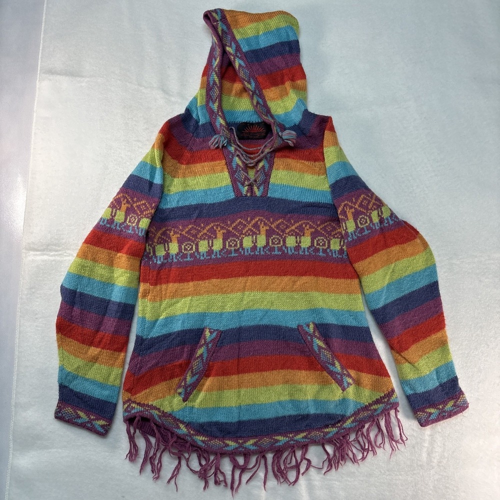 Rainbow fringe Peru Women's S Tunic Sweater Jumper Hood‎ Handmade Boho Alpaca